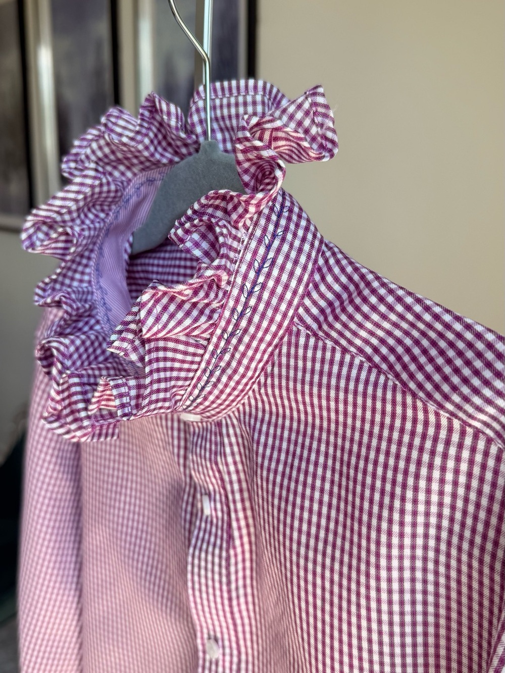 Reloved Upcycle ♻️ Pink Gingham Ruffle Collar Blouse Embroidered Americana